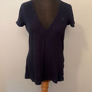 Abercrombie & Fitch Women's Navy Blue Cotton Plunging V Neck Shirt
